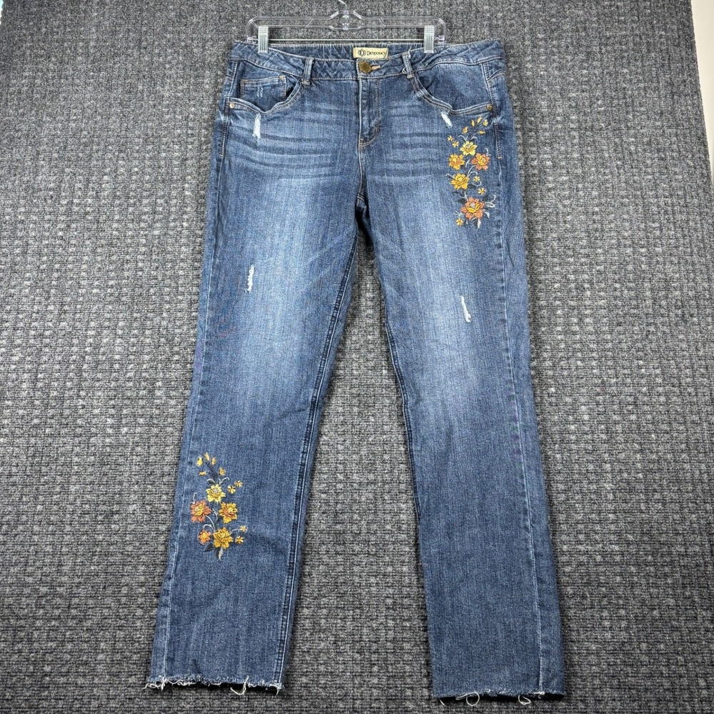 Democracy Flex-ellent Straight Jeans Floral Embroidered Raw Hem Size 14 Blue